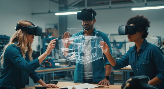 Collaborative team interacting with digital models via VR headsets in workshop.