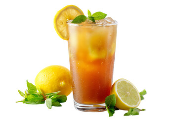 Fototapeta premium Refreshing summer iced lemon tea with vibrant citrus slices and dewy condensation — high‑resolution transparent PNG cutout ideal for bright seasonal drink branding, café menu design