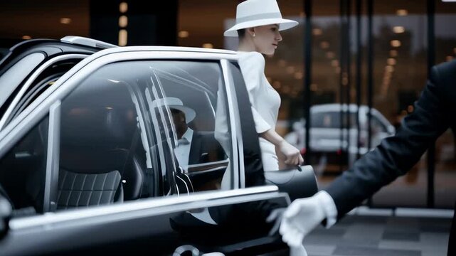 Elegant woman in white stepping out of a luxury car with a chauffeur opening the door. Atmosphere of luxury and status.
