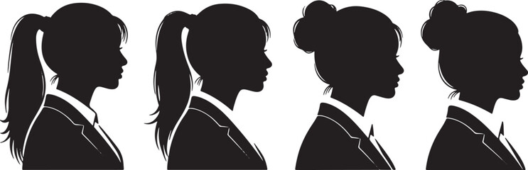 Diverse female silhouettes business attire women, silhouette, female, business, professional, women, hairstyles, profile, formal, attire, diversity, black and white, graphic, illustration, teamwork, c