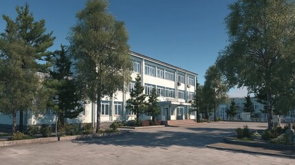 Fototapeta premium Colorful Modern Elementary School with Classrooms, Teachers, and Playground