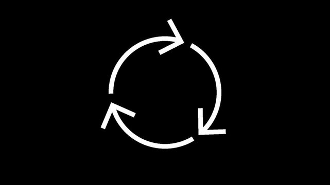 A minimalist white outline icon of three rotating arrows in a circle, symbolizing concepts of refresh, recycle, and continuous loop