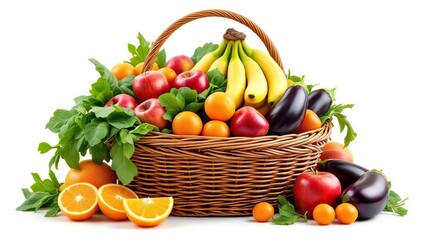 A wicker basket filled with bananas, apples, oranges, eggplants and green leafy vegetables