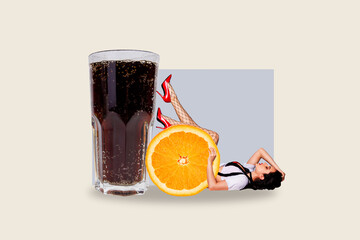 Creative artwork 3D collage of cocktail glass soda drink club holiday friday orange fruit slice...