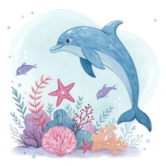 Fototapeta premium Watercolor Dolphin Illustration with Coral and Sea Life, Cute Underwater Scene with Dolphin, Starfish, and Shells, Hand-Painted Dolphin and Starfish – Undersea Nursery Illustration