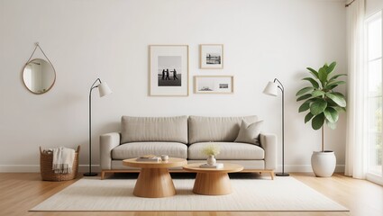 Modern living room design with comfortable couch and stylish decor in bright, airy space