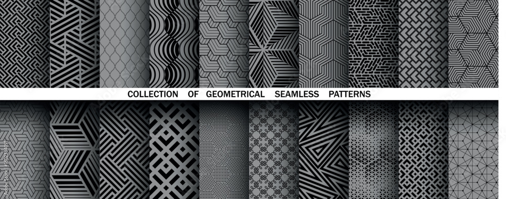 Poster geometric set of seamless black and gray patterns. simple vector graphics