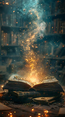 Open book with glowing magical light and floating particles