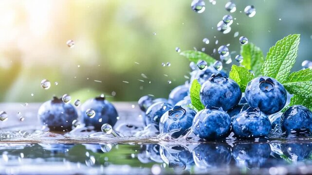 Freshness Unleashed: An invigorating capture of ripe, glistening blueberries, gracefully doused by a cascade of crystal-clear water droplets, evokes feelings of revitalizing refreshment.