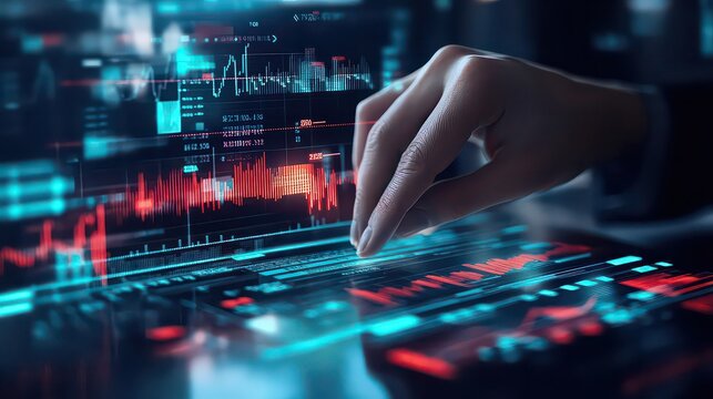 A hand interacting with a digital interface displaying financial data and stock market information