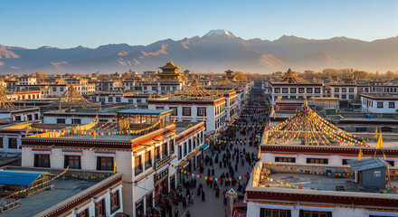 A panoramic view of a traditional Tibetan town nestled in a valley, adorned with colorful prayer flags fluttering against a backdrop of majestic