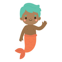 Smiling merboy with turquoise hair and orange tail waving underwater. A cheerful fantasy sea character perfect for kids’ stories and ocean adventures.