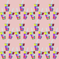 A vibrant vector illustration of drink cups in various patterns and bright colors. This playful and cheerful design is perfect for all seasons.