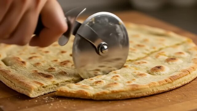 Freshly baked flatbread being sliced with a pizza cutter on a wooden board in a cozy kitchen