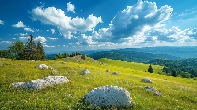 Vibrant green mountain meadow under a dramatic blue sky with fluffy clouds