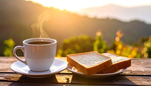 Morning coffee and bread on a wooden table overlooking a sunrise