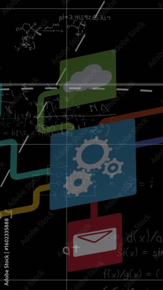 Poster animation of network of digital icons and mathematical equations against black background