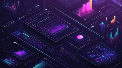 Obraz premium Futuristic interface showing data visualization with glowing charts and graphs on multiple screens