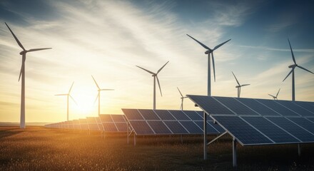 Renewable energy setup with multiple solar panels and windmills operating together in open terrain.
