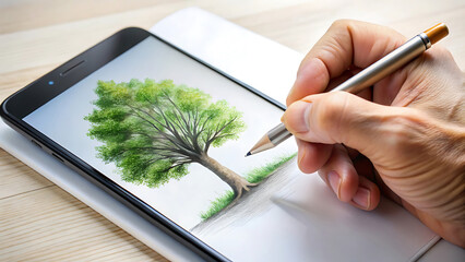 Hand Drawing Delicate Tree Sketch Directly On Mobile Phone Screen