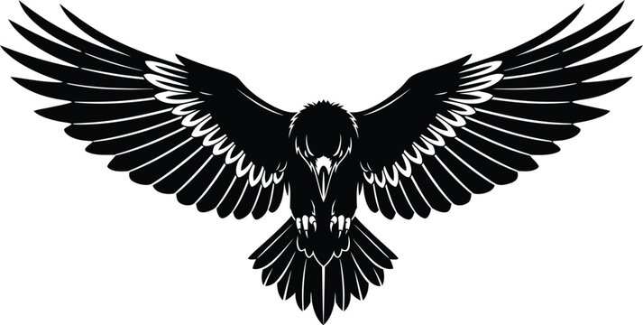 A black and white graphic illustration of a raven with its wings spread wide in a symmetrical design