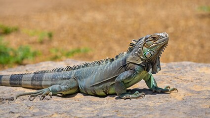 Large iguana basking on a rock under the sun in a natural habitat during midday in a tropical environment
