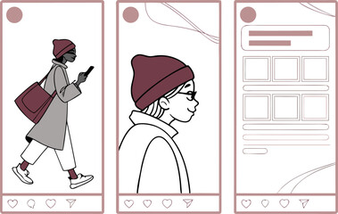 Stylized illustration of social media posts featuring a person in a beanie and coat a portrait and a profile layout
