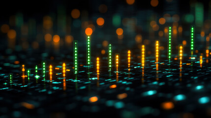 Visual representation of data trends with vibrant colors taken at night showcasing fluctuating metrics in technology