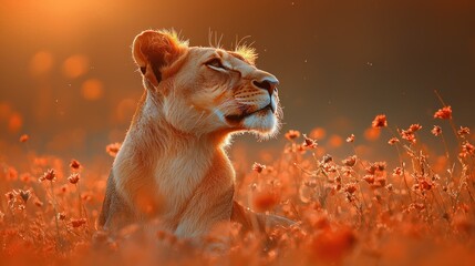 Majestic lioness in golden sunset field