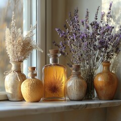 Cozy windowsill display with dried flowers and amber bottles