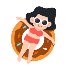 Cartoon Woman Relaxing on Donut Pool Float