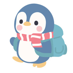 Cartoon Penguin with Backpack and Scarf