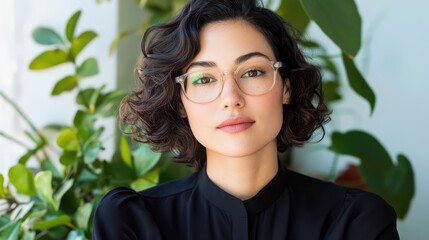 Fototapeta premium Portrait of a Confident Woman with Botanical backdrop: A captivating portrait of a sophisticated woman, gazing thoughtfully, framed by eyeglasses, the soft glow of natural light.