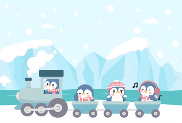 Cartoon Penguins Riding a Train in Winter