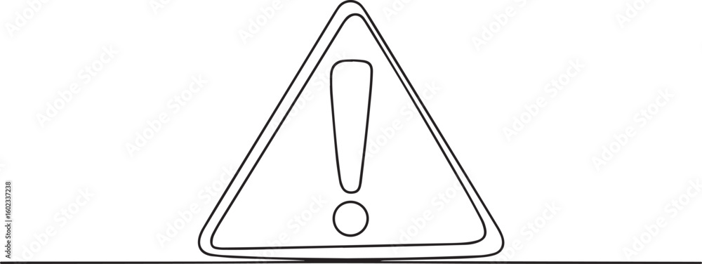 Poster continuous one line drawing of dangerous warning sign with exclamation mark in triangle icon in mini