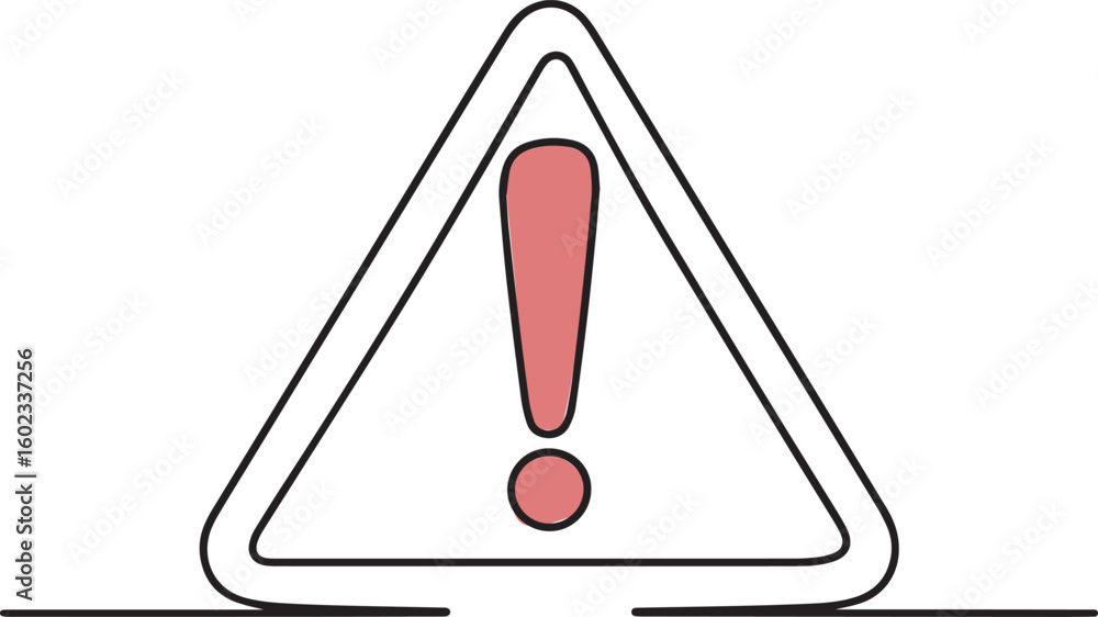 Poster continuous one line drawing of dangerous warning sign with exclamation mark in triangle icon in mini