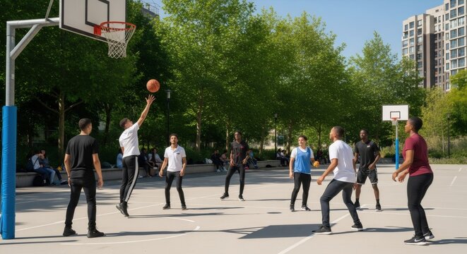 Group of young people playing basketball on outdoor court in urban park. Friends enjoying active leisure time. Recreational sport and fitness concept