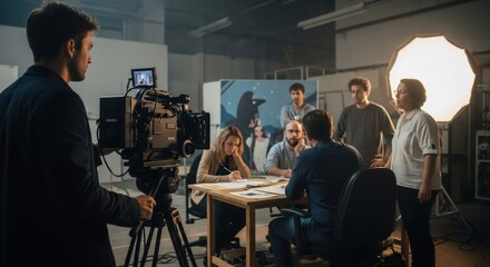 Film production team meeting on set. Diverse crew discussing project at table. Movie making process with camera and lighting equipment. Creative collaboration in studio