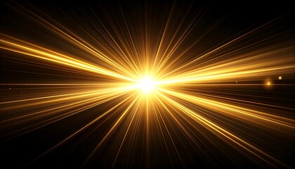 Golden rays burst from a central point on a black background