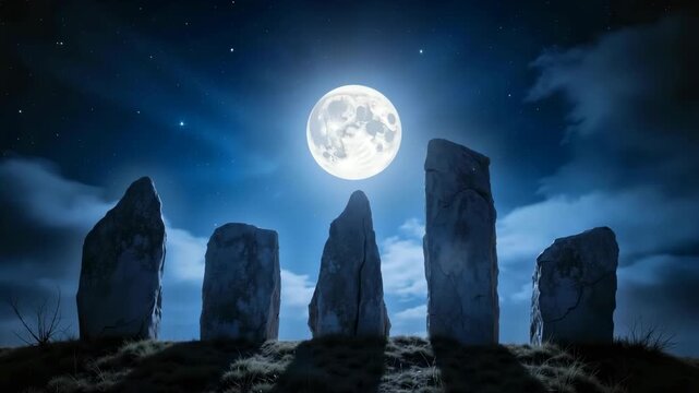 Mysterious stone circle under full moon at night. Ancient megalithic stones stand silhouetted against night sky.  Full moon illuminates mysterious stone circle