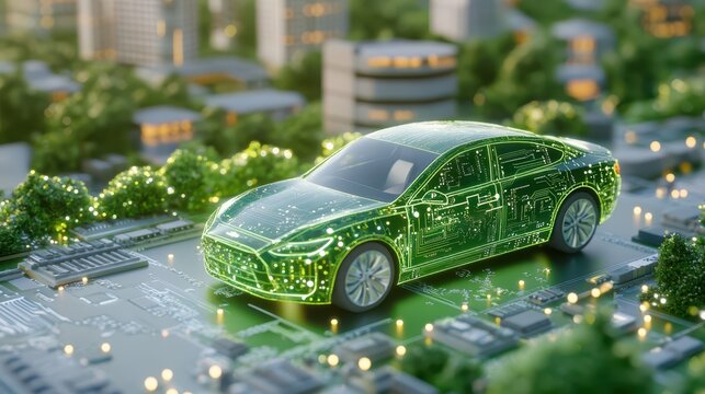 Electric Vehicle on an Urban Landscape: Futuristic electric vehicle, exuding technological innovation, traverses a meticulously crafted cityscape.