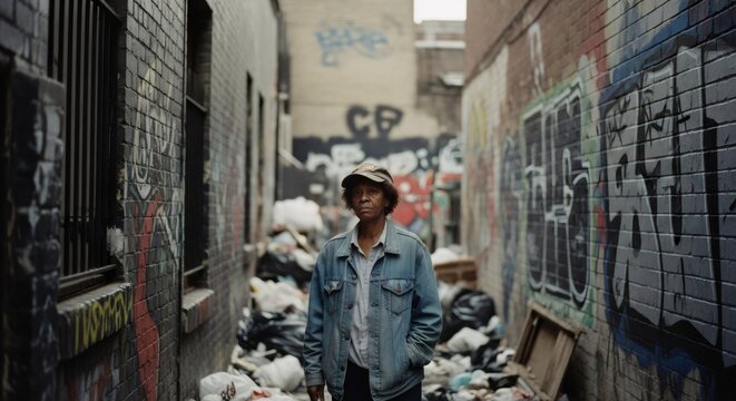 Man standing in urban alley filled with graffiti and trash. Gritty city life concept. Poverty and urban decay in abandoned area. Social issues and homelessness.