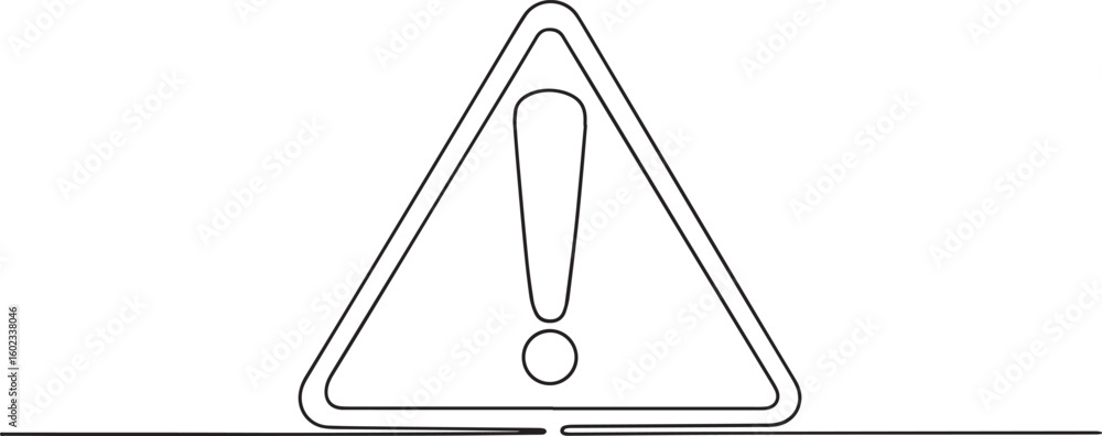 Poster continuous one line drawing of dangerous warning sign with exclamation mark in triangle icon in mini