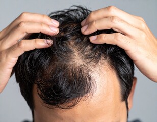 Naklejka premium Close-up of a Man's Scalp Showing Hair Loss, Concerned Expression