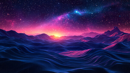 Cosmic lights hovering above a wavy alien desert under a starfield