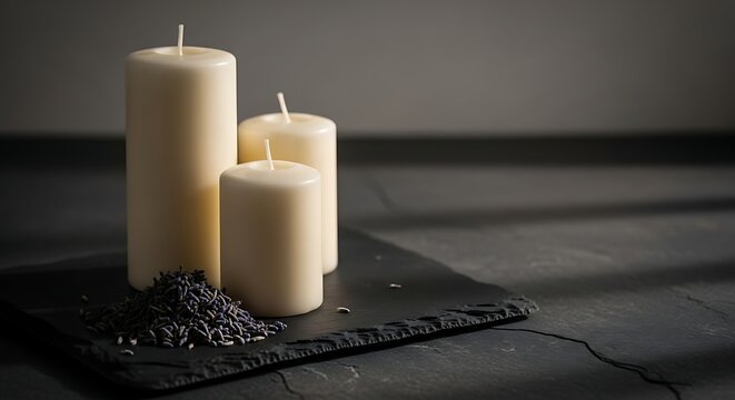 Elegant still life with candles and lavender, creating a serene and relaxing ambiance - Powered by Adobe