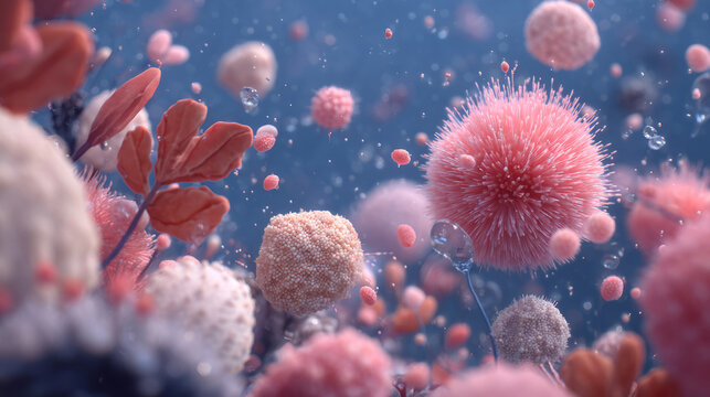 pink organic cells or microorganisms suspended in a fluid, showcasing biological structures and filaments