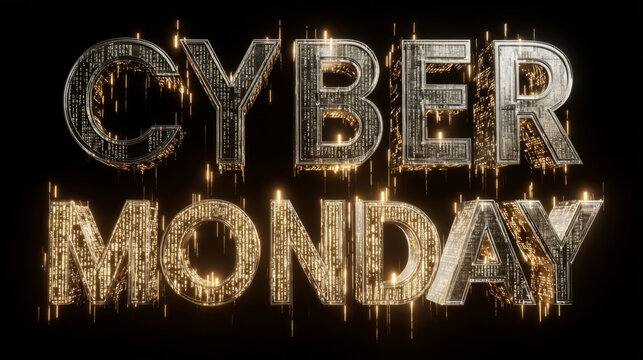 distorted title CYBERMONDAY with pixel glitches and floating code on a dark screen