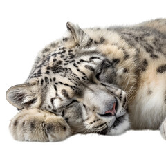 Obraz premium Sleeping snow leopard laying down peacefully on the ground and fluffy tail wrapped around body and isolated white background Batch realistic clean bright simple modern stock image isolated on plain