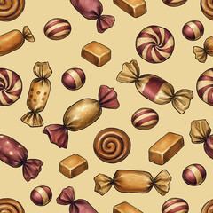 Seamless retro candy pattern featuring hand-drawn caramel swirls and vintage-wrapped sweets in warm tones of deep red, gold, and brown — perfect for nostalgic packaging and festive designs.